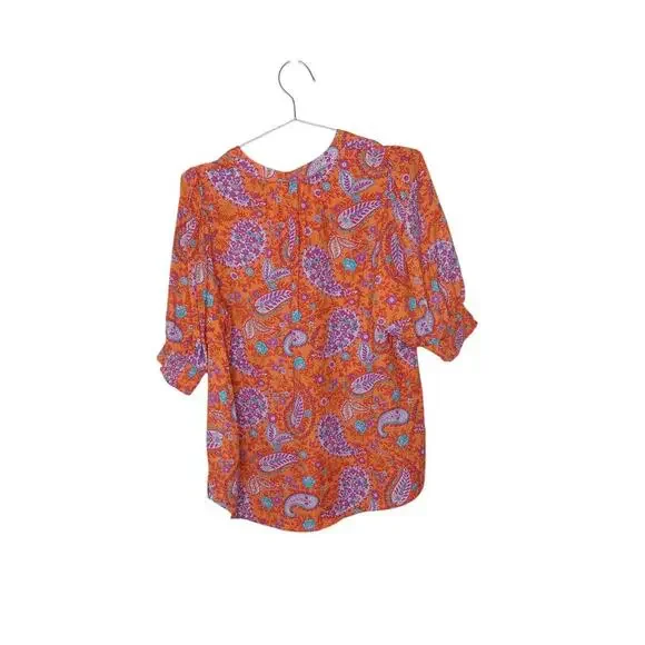 New Easel Boho Floral Paisley Blouse Orange Pink Blue Top 3/4 SleeveSize Small - Picture 6 of 10